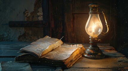 Old book illuminated by a kerosene lamp for vintage and historical designs