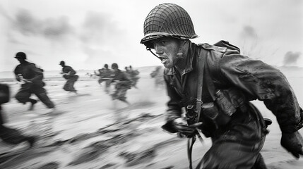 A U.S. Marine, under enemy fire, launches a daring run towards the beach.