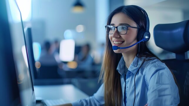 Friendly female customer support representative with headset working in an office environment, providing communication service with a smile. She is a professional employee offering technical support