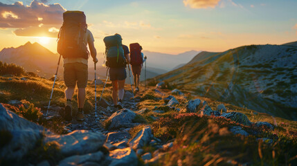 Three hikers with backpacks trekking a mountain trail at sunset, with golden light.