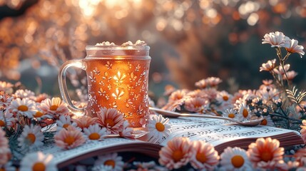   A cup of tea sits atop a book resting on a field of daisies