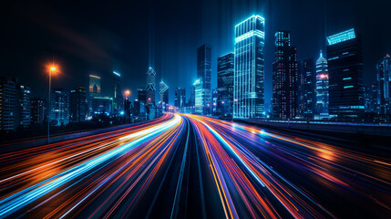 Obraz premium High speed car light trails in a city at night,