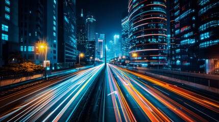 High speed car light trails in a city at night,