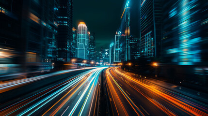 Naklejka premium High speed car light trails in a city at night,