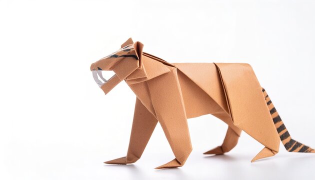 Animal extinct mammal concept origami isolated on white background of a saber toothed tiger, with copy space, simple starter craft for kids