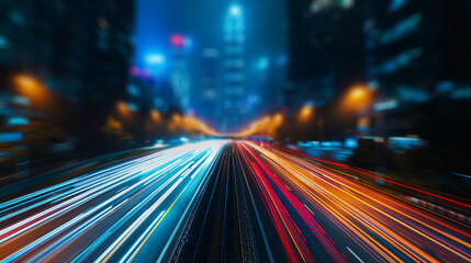 Obraz premium High speed car light trails in a city at night,