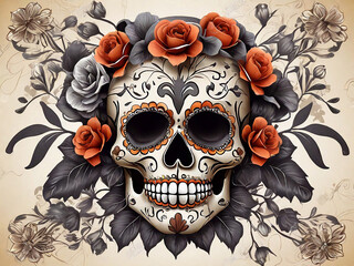 Death day scary background Vintage style sugar skull adorned with flowers realistic multilayering
