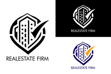 building shield tick checkmark home house property real estate firm construction company silhouette investment vector logo design