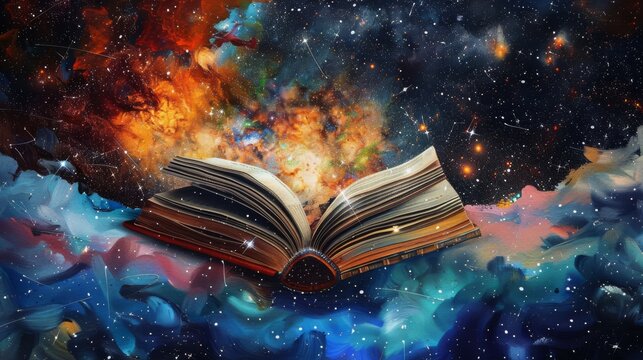 Open book with constellations in the night sky for fantasy or cosmic themed designs
