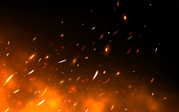 Fire sparks. Realistic flame background. Bright flying particles. Heat with glowing effect. Red fire with sparks. Bonfire flying up. Orange sparkling fireplace. Vector illustration.
