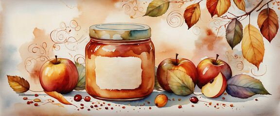 Apple jam in a glass jar and fresh apples, watercolor style illustration, generated AI. Banner.