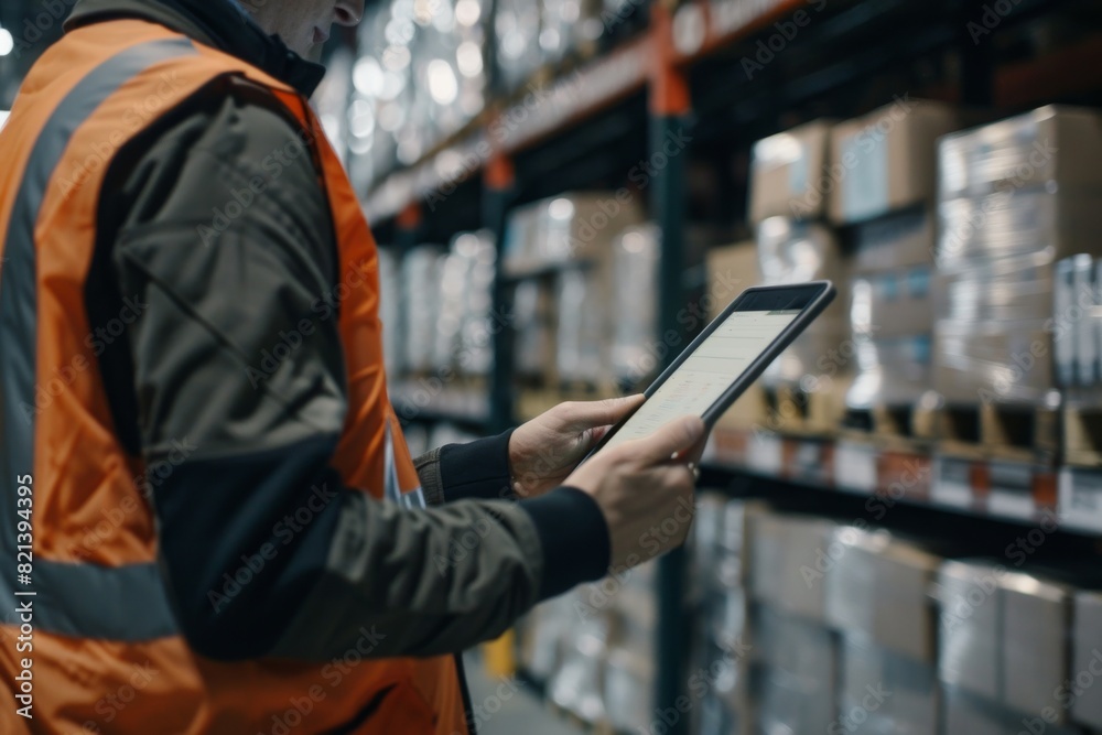 Poster In a bustling warehouse, a worker is using a tablet for inventory management to ensure efficient organization in logistics, with focus on storage, packages, and digital technology