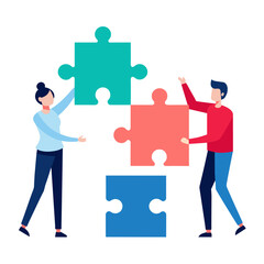 New joiner to fill in team and solve problem, teamwork to get solution, put right man in the right job to fit job description concept, businessman hand HR put new joiner to connect jigsaw puzzle. stoc