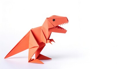 Animal extinct reptile or bird concept origami isolated on white background of a tyrannosaurus rex or T rex, with copy space, simple starter craft for kids