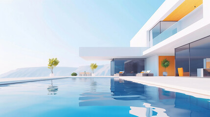 Architectural outdoor shot of a bright holiday villa with swimming pool, minimalistic elements, illustration 