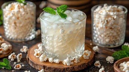   A zoomed-in view of a sweet treat served in a transparent container on a flat surface, surrounded by various miniature indulgences arranged in separate dishes nearby
