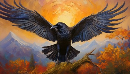 black raven with outstretched wings with afternoon sun and water in background - painting effect, dynamic light