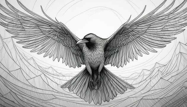 black raven with outstretched wings with line art background