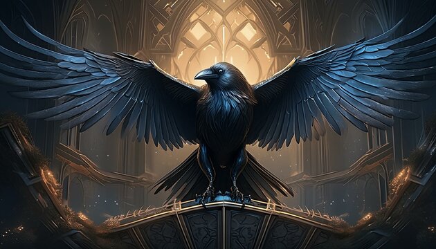 black raven with outstretched wings with contrasting bright shield in background - dynamic lighting