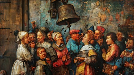 People gathering at a church bell for a religious ceremony