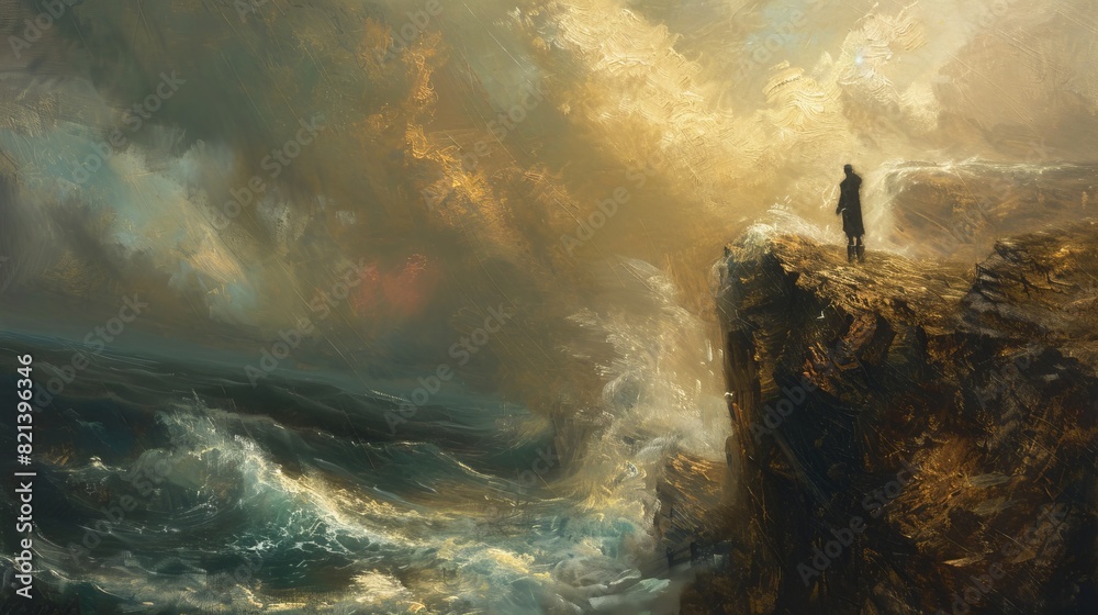 Wall mural person standing on a cliff overlooking a stormy sea for inspirational or nature themed designs - Wall murals