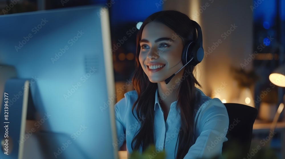 Poster during the night shift, a professional and friendly woman customer service representative is seen wo