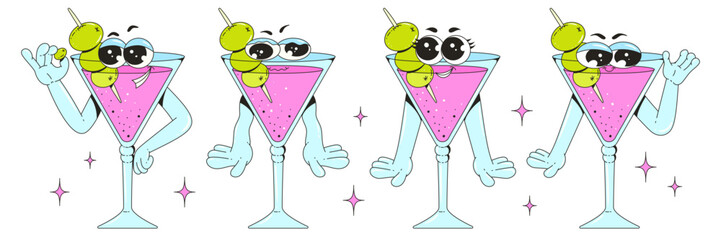 Set retro groovy characters drink martini. Funky characters with different poses and emotions. Vintage design with a contemporary twist.