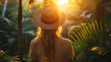 Woman with straw hat standing in sunlit tropical forest