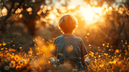 Child sitting in golden meadow at sunset