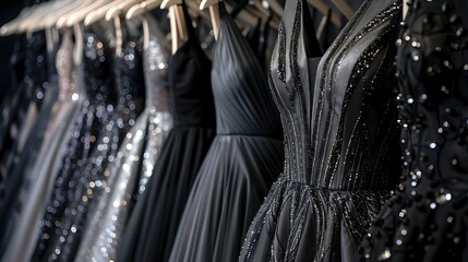 Fototapeta na wymiar A rack of sleek and modern evening dresses in shades of black and silver, with plunging necklines and thigh-high slits for a touch of drama