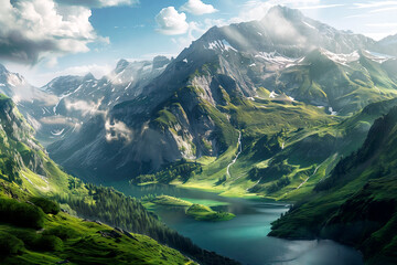 Mountain landscape. A lake and mountains with snow-capped peaks against a blue sky with white clouds