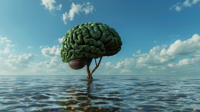 A tree resembling a brain is sprouting from the ocean. Climate change threatens brain health. High quality photo