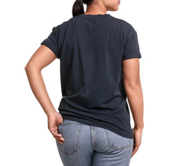 Obraz premium Woman wearing black t-shirt on white background, closeup