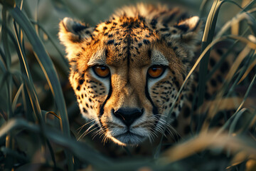 Close up of a cheetah crouching low in the grass, ready to pounce