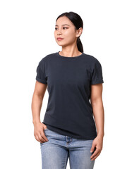 Woman wearing black t-shirt on white background