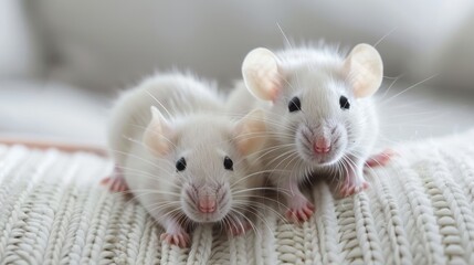 Two cute white rats snuggling on fabric - Two adorable white rats with pink ears and feet cuddle on a textured woven fabric, giving a sense of companionship