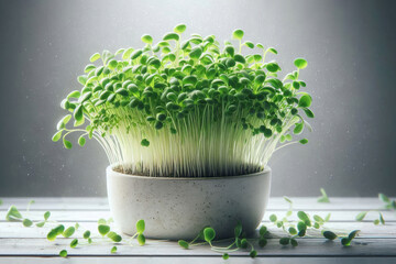 Fresh Microgreens growing in a pot healthy windowsill garden