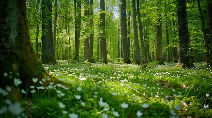   A lush forest teems with vibrant green foliage and dazzling white flora, dotting the landscape amidst towering trees