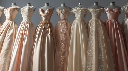 Rows of elegant satin ball gowns in shades of blush pink and champagne, each one featuring a voluminous skirt and a fitted bodice adorned with delicate lace