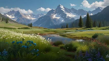 a tranquil alpine meadow in early summer