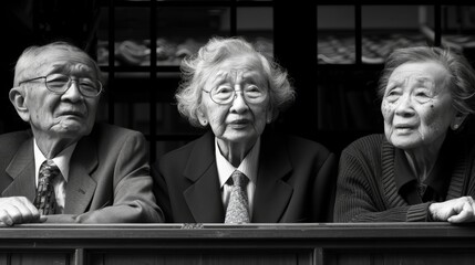 Three elderly individuals, two men and one woman, sitting together and looking intently ahead in a black and white photograph capturing their expressions