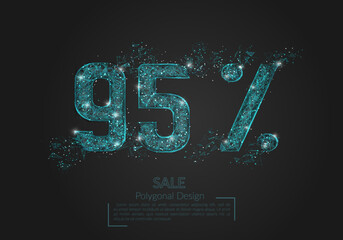 Abstract isolated blue 95 percent sale concept. Polygonal illustration looks like stars in the black night sky in space or flying glass shards. Digital design for website, web, internet.