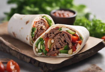 delicious wrap with beef and vegetables, isolated white background
