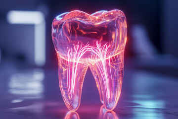 A transparent, digital rendering of a tooth with glowing red and pink neural pathways stands against a blurred background. dental technology, oral health, and futuristic dental care.