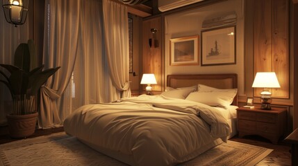 Warm light lamps or natural light filtered through sheer curtains to soften and highlight the details of the room's decor. generative ai