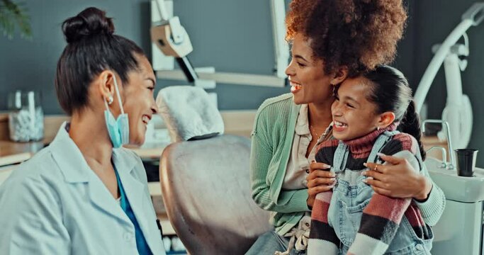 Mother, dentist and girl with high five, dental hygiene and appointment with wellness, treatment and support. Mama, daughter and specialist with hand gesture, oral healthcare and learning with smile