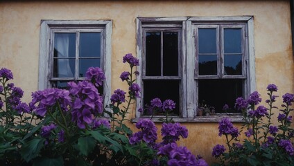 dilapidated window overgrown with flowers