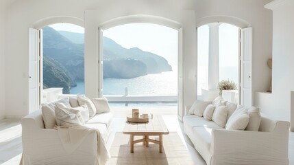 Obraz premium Serene coastal living room with white decor, large windows, and breathtaking ocean views, perfect for relaxation and inspiration.