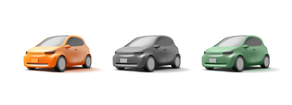 Set of colored realistic cars, 3D. Modern hatchback for comfortable and safe driving. New technologies, hybrids, electric cars. Vector