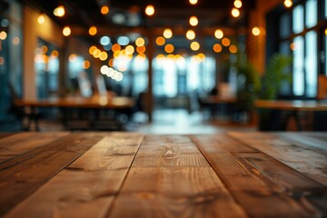 A wooden table with a blurry background and lights in the background. Scene is warm and inviting